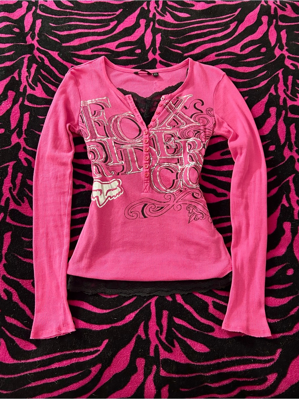 Y2K Vintage 2000s Fox Racing Pink Thermal Henley